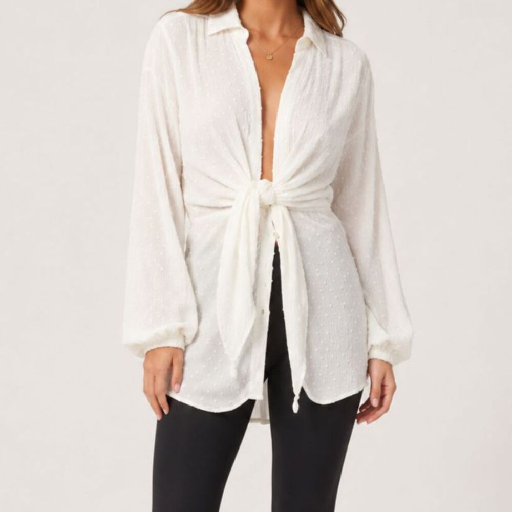 Boho White Swiss Dot Tie Front Blouse Size Medium